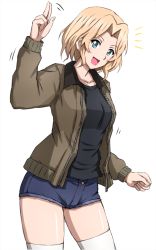 Rule 34 | 1girl, :d, alternate hair length, alternate hairstyle, arm up, black shirt, blonde hair, blue eyes, blue shorts, brown jacket, collarbone, cowboy shot, girls und panzer, hair intakes, highres, jacket, kay (girls und panzer), long sleeves, omachi (slabco), open clothes, open jacket, open mouth, shiny skin, shirt, short hair, short shorts, shorts, simple background, sketch, smile, solo, standing, straight hair, thighhighs, white background, white thighhighs, zettai ryouiki