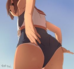 Rule 34 | 10s, 1girl, :o, adjusting clothes, adjusting swimsuit, armpits, ass, bad id, bad twitter id, bare arms, bare shoulders, blue one-piece swimsuit, blue sky, brown eyes, brown hair, character name, day, from behind, from below, i-401 (kancolle), kantai collection, looking at viewer, looking back, looking down, one-piece swimsuit, open mouth, school swimsuit, shirt, short hair, sky, sleeveless, sleeveless shirt, solo, sunlight, swimsuit, swimsuit under clothes, white shirt, youmak