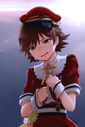 Rule 34 | 10s, 1girl, 2015, blush, brown eyes, brown hair, crying, crying with eyes open, dated, hat, honda mio, idolmaster, idolmaster cinderella girls, looking down, nagian, open mouth, peaked cap, short hair, skirt, solo, tears, wavy mouth, wrist cuffs