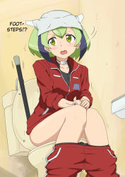 Rule 34 | 10s, 1girl, android, blush, clothes pull, dimension w, gobanme no mayoi neko, green eyes, green hair, hard-translated, headgear, highres, looking to the side, matching hair/eyes, multicolored hair, open mouth, pants, pants pull, short hair, solo, surprised, sweatdrop, tail, tenugui, text focus, third-party edit, toilet, toilet use, track suit, translated, two-tone hair, yurizaki mira