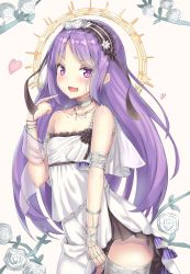 Rule 34 | 1girl, :d, alternate hairstyle, armlet, bare shoulders, black panties, collar, collarbone, cowboy shot, dress, euryale (fate), fate/hollow ataraxia, fate (series), floral background, hair down, headdress, heart, highres, index finger raised, jewelry, leaning forward, long hair, looking at viewer, necklace, open mouth, panties, plant, pointing, pointing at self, purple eyes, purple hair, reinama, sidelocks, smile, solo, thighlet, tsurime, underwear, vines, white dress
