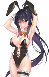 Rule 34 | 1girl, ahoge, alternate costume, animal ears, armpits, arms up, bell, black hair, black leotard, blackheartxiii, blush, bow, bowtie, breasts, cleavage, collar, cowboy shot, detached collar, fake animal ears, female focus, hair between eyes, hair ribbon, high school dxd, highleg, highleg leotard, highres, himejima akeno, large breasts, leotard, long hair, looking at viewer, midriff, mole, mole on breast, multicolored hair, navel, neck bell, playboy bunny, ponytail, purple eyes, purple hair, rabbit ears, red bow, red bowtie, ribbon, simple background, smile, solo, standing, sweat, thigh strap, thighs, two-tone hair, white background, white bow, wrist cuffs, yellow ribbon