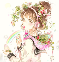 Rule 34 | 1girl, blush, brown eyes, brown hair, bug, dated, digital media player, eating, flower, food, food-themed hair ornament, food in mouth, freckles, fruit, hair bun, hair ornament, hairpin, headphones, hood basket, hoshii hisa, insect, jewelry, ladybug, looking back, mouth hold, original, plant, rainbow, ring, scarf, school uniform, serafuku, sign, single hair bun, solo, strawberry, strawberry hair ornament, water drop