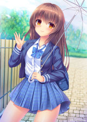 Rule 34 | 1girl, bag, blazer, blue bow, blue jacket, blue skirt, blush, bow, breasts, brown hair, closed mouth, collared shirt, commentary request, day, diagonal stripes, dress shirt, hair between eyes, hand up, holding, holding umbrella, jacket, long hair, long sleeves, looking at viewer, open clothes, open jacket, original, outdoors, pleated skirt, red eyes, school bag, school uniform, shirt, skirt, small breasts, smile, solo, striped, striped bow, transparent, transparent umbrella, twitter username, umbrella, umitonakai, very long hair, white shirt