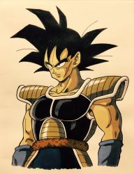 Rule 34 | 1boy, armor, arms at sides, bardock, black eyes, black hair, dragon ball, expressionless, highres, lee (dragon garou), looking away, male focus, scar, serious, shaded face, short hair, simple background, solo, spiked hair, standing, tail, upper body, wristband