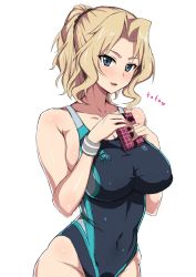 Rule 34 | 10s, 1girl, black one-piece swimsuit, blonde hair, blue eyes, box, breasts, competition swimsuit, cowboy shot, girls und panzer, kay (girls und panzer), large breasts, long hair, mordeth, one-piece swimsuit, ponytail, simple background, solo, swimsuit, white background, wristband
