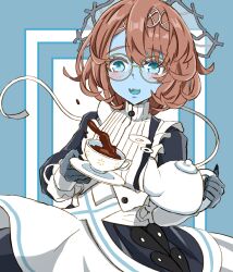 Rule 34 | 1girl, absurdres, blue eyes, blue skin, blue tongue, blush, colored skin, colored tongue, cowboy shot, cup, fangs, fate/grand order, fate (series), fingernails, glasses, grey headwear, highres, holding, holding plate, holding teapot, long fingernails, maid, open mouth, orange hair, plate, round eyewear, shimogamo (shimomo 12), short hair, solo, teacup, teapot, van gogh (fate), van gogh (second ascension) (fate)