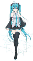 Rule 34 | 1girl, absurdres, ahoge, aqua eyes, aqua hair, aqua nails, aqua necktie, bare shoulders, black skirt, black sleeves, black thighhighs, boots, breasts, clenched hands, closed mouth, collarbone, detached sleeves, dots, drawing kanon, expressionless, full body, grey shirt, hair ornament, hatsune miku, headphones, headset, highres, long hair, looking at viewer, miniskirt, nail polish, necktie, pleated skirt, shirt, shoulder tattoo, skirt, sleeveless, sleeveless shirt, small breasts, solo, tattoo, thigh boots, thighhighs, twintails, very long hair, vocaloid, walking, white background, zettai ryouiki