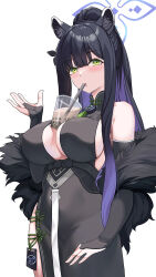 Rule 34 | 1girl, animal ear fluff, animal ears, bare shoulders, between breasts, black dress, black gloves, black hair, blue archive, blue halo, blush, breasts, bridal gauntlets, bubble tea challenge, commentary request, cowboy shot, cup, dress, drinking, drinking straw, drinking straw in mouth, elbow gloves, fur trim, gloves, green eyes, halo, hand up, highres, jamgom, large breasts, long hair, looking at viewer, ponytail, shun (blue archive), sideboob, simple background, sleeveless, sleeveless dress, solo, white background