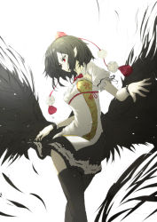 Rule 34 | 1girl, absurdres, black hair, black skirt, black thighhighs, black wings, breasts, detached collar, feathers, hat, highres, looking down, medium breasts, miniskirt, pointy ears, pom pom (clothes), puffy short sleeves, puffy sleeves, red eyes, red hat, ribbon-trimmed skirt, ribbon trim, shameimaru aya, shirt, short sleeves, simple background, skirt, solo, standing, tassel, thighhighs, tokin hat, touhou, watchi, white background, white shirt, wind, wind lift, wings, wrist cuffs