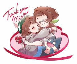 Rule 34 | 2girls, affectionate, blush, brown hair, cardigan, closed eyes, closed mouth, commentary, creatures (company), eyelashes, flower, from side, galar mother, game freak, gen 4 pokemon, glasses, gloria (pokemon), green ribbon, grey cardigan, grin, hair ribbon, hanamori mito, hat, holding, holding flower, hug, mother&#039;s day, mother and daughter, multiple girls, munchlax, nintendo, pokemon, pokemon (creature), pokemon swsh, ponytail, red flower, ribbon, semi-rimless eyewear, smile, tam o&#039; shanter, teeth, thank you