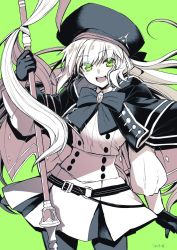 Rule 34 | 1girl, artoria caster (fate), artoria caster (second ascension) (fate), artoria pendragon (fate), blush, commentary request, cowboy shot, eyes visible through hair, fate/grand order, fate (series), gloves, green background, green eyes, greyscale, hat, highres, long hair, long sleeves, looking at viewer, monochrome, open mouth, pantyhose, simple background, skirt, solo, staff, standing, takatsuki ichi, teeth, tongue
