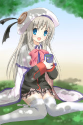 Rule 34 | 1girl, :d, blue eyes, bow, cape, cup, dappled sunlight, fang, haruno (macoro), hat, little busters!, long hair, mug, noumi kudryavka, open mouth, pink bow, plaid, plaid skirt, school uniform, shade, silver hair, sitting, skirt, smile, solo, sunlight, tea, thighhighs, tree shade, wariza, white thighhighs