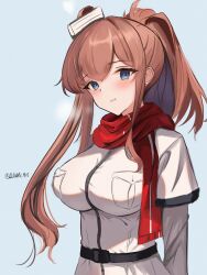 Rule 34 | 1girl, belt, blue eyes, breast pocket, breasts, brown hair, chinese commentary, commentary request, dimos (dawn 1945), dress, grey background, hair between eyes, highres, impossible clothes, kantai collection, large breasts, neckerchief, pocket, red neckerchief, red scarf, saratoga (kancolle), scarf, side ponytail, sidelocks, simple background, smile, smokestack, solo, twitter username, upper body, white dress