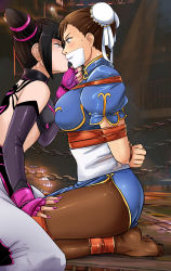 Rule 34 | 2girls, absurdres, bdsm, black hair, blush, bondage, bound, bound ankles, bound arms, bound legs, bound wrists, breast press, breasts, brown eyes, brown hair, bun cover, capcom, chain, chun-li, double bun, elbow gloves, eye contact, face-to-face, feet, female focus, fingerless gloves, gag, gagged, gloves, hair bun, han juri, hand on another&#039;s knee, hand on another&#039;s thigh, highres, improvised gag, kiss, kneeling, long legs, looking at another, lost one zero, multiple girls, nail polish, pantyhose, pink nails, purple eyes, seiza, sitting, soles, street fighter, street fighter iv (series), sweat, symmetrical docking, tagme, tape, tape bondage, tape gag, toes, yuri