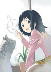 Rule 34 | 1girl, animal, black hair, cat, condensation, face, from behind, glass writing, green eyes, looking at viewer, looking back, original, plant, potted plant, short hair, simple background, solo, watarai, watarai keiji, white background, window fog