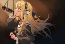 Rule 34 | 1girl, black jacket, black ribbon, blonde hair, bow, breasts, dark-skinned female, dark skin, floating hair, frilled sleeves, frills, from side, grey shirt, hair between eyes, hair bow, headphones, highres, hololive, jacket, joker (tomakin524), long hair, long sleeves, looking up, medium breasts, microphone, microphone stand, multicolored hair, music, neck ribbon, open mouth, pop filter, profile, recording studio, red eyes, ribbon, sailor collar, shiranui flare, shiranui flare (street), shirt, singing, solo, streaked hair, striped, two-tone hair, upper body, vertical stripes, virtual youtuber, white hair