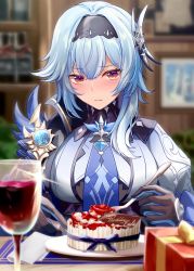 Rule 34 | 1girl, absurdres, alcohol, black gloves, black hairband, blue hair, blue necktie, blurry, blurry background, blurry foreground, blush, bodysuit, box, breasts, butterfly hair ornament, cake, closed mouth, cup, drinking glass, eula (genshin impact), food, fork, genshin impact, gift, gift box, gloves, gradient eyes, hair between eyes, hair ornament, hairband, happy birthday, highres, holding, holding fork, holding knife, knife, large breasts, long hair, looking at viewer, mon-chan, multicolored eyes, necktie, purple eyes, solo, vision (genshin impact), wine glass