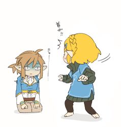 Rule 34 | 1boy, 1girl, ^^^, antenna hair, barefoot, blonde hair, blue shirt, braid, brown pants, champion&#039;s tunic (zelda), cosplay, costume switch, crown braid, full body, hair ornament, hairclip, hands on own knees, highres, koi (nisikicoi), link, looking at another, medium hair, nintendo, outstretched arms, pants, princess zelda, seiza, shirt, short hair, short ponytail, sidelocks, sitting, spread arms, standing, sweat, the legend of zelda, the legend of zelda: tears of the kingdom, translation request, | |