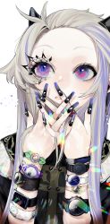 Rule 34 | 1girl, absurdres, bad id, bad twitter id, black jacket, blue eyes, blue nails, covering own mouth, eyelashes, fake nails, female focus, fingernails, hands up, highres, horns, jacket, long fingernails, long hair, looking away, looking up, nail art, nail polish, ohisashiburi, original, parted lips, silver hair, solo, studs, upper body, watch, wristwatch