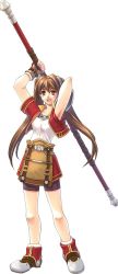 Rule 34 | 1girl, arms up, brown hair, cropped jacket, eiyuu densetsu, estelle bright, falcom, full body, long hair, official art, rod, shirt, shoes, shorts, simple background, skirt, solo, sora no kiseki, twintails, white background