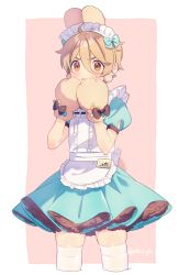 Rule 34 | 1boy, ahoge, animal ears, animal hands, apron, aqua bow, aqua dress, black bow, blush, bow, brown eyes, brown hair, covering own mouth, cropped legs, dress, earrings, ensemble stars!, fake animal ears, fake tail, gloves, hair between eyes, hair bow, hands up, jewelry, maid apron, maid headdress, male focus, mashiro tomoya, paw gloves, petticoat, pom pom (clothes), pom pom earrings, puffy short sleeves, puffy sleeves, rabbit ears, rabbit tail, red background, ribbon trim, rinndouk, short sleeves, skindentation, solo, standing, tail, thighhighs, white apron, worried