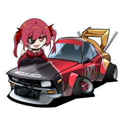 Rule 34 | 1girl, absurdres, blush, breasts, brown eyes, cable, car, chibi, eyepatch, hair behind ear, hair ribbon, heart, highres, holeecrab, hololive, houshou marine, houshou marine (1st costume), medium breasts, motor vehicle, muscle car, nissan skyline, nissan skyline c110, nissan skyline gt-r, one eye covered, open mouth, red hair, red ribbon, red shirt, ribbon, shadow, shirt, skyline, smile, solo, spoiler (automobile), stance (vehicle), twintails, vehicle focus, virtual youtuber, white background