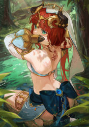 Rule 34 | 1girl, absurdres, aranara (genshin impact), arms up, back, back tattoo, bare back, bare shoulders, barefoot, blue skirt, blunt bangs, breasts, circlet, covered mouth, crop top, dappled sunlight, genshin impact, green eyes, hand in own hair, harem outfit, highres, horns, long hair, long sleeves, looking at viewer, looking back, medium breasts, nature, nilou (genshin impact), o-ring, outdoors, parted bangs, puffy long sleeves, puffy sleeves, red hair, revision, signature, sitting, skirt, solo, sunlight, tattoo, thighlet, thighs, tree, vambraces, veil, vision (genshin impact), wariza, water, xude