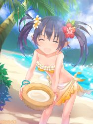Rule 34 | 1girl, :d, ^ ^, bangle, beach, bikini, black hair, blush, bracelet, breasts, coconut, collarbone, day, dutch angle, ebisque, closed eyes, flower, food, frilled bikini, frills, hair between eyes, hair flower, hair ornament, halterneck, hibiscus, holding, holding food, jewelry, leaning forward, lens flare, official art, open mouth, outdoors, outstretched arm, palm tree, pointy ears, sarong, small breasts, smile, solo, sparkle, standing, swimsuit, tree, twintails, valhalla valkyries, water, watermark, yellow bikini