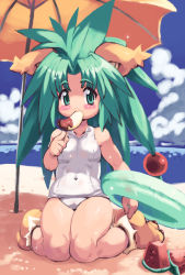 Rule 34 | 1girl, animal ears, banana, beach, blush, cham cham, cloud, day, food, fruit, green eyes, green hair, highres, holding, ice cream, matching hair/eyes, one-piece swimsuit, outdoors, paw shoes, samurai spirits, school swimsuit, shoes, sky, snk, solo, summer, swimsuit, white school swimsuit, white one-piece swimsuit, yu 3