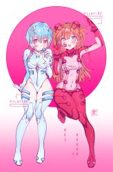 Rule 34 | 2girls, ayanami rei, blue bodysuit, blue eyes, blue footwear, blue hair, blue pupils, blue thighhighs, bodysuit, bomhat, boots, breasts, candy, character name, circle, cleavage, closed mouth, commentary, covered navel, english text, food, full body, gradient background, hair between eyes, hand up, highleg, highleg leotard, highres, holding, holding candy, holding food, holding lollipop, interface headset, leotard, lollipop, long hair, looking at viewer, medium breasts, multiple girls, neon genesis evangelion, open mouth, orange hair, pink background, pink bodysuit, pink eyes, plugsuit, red bodysuit, short hair, skin tight, souryuu asuka langley, teeth, test plugsuit, thigh boots, thighhighs, two side up, upper teeth only, white background, wide hips, yellow pupils