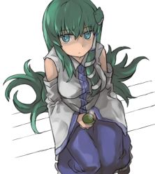 Rule 34 | 1girl, aqua eyes, aqua pupils, blue skirt, breasts, cup, detached sleeves, expressionless, frilled skirt, frills, frog hair ornament, green hair, hair ornament, holding, holding cup, knees together feet apart, kochiya sanae, long hair, long skirt, looking at viewer, megame (okbnkn), shaded face, sidelocks, simple background, skirt, snake hair ornament, solo, steam, tea, touhou, very long hair, white background, wide sleeves