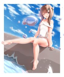Rule 34 | 1girl, alternate costume, bare arms, bare legs, bare shoulders, barefoot, blue sky, blush, breasts, brown eyes, brown hair, cloud, day, etsunami kumita, feet, full body, headgear, highres, kantai collection, long hair, looking at viewer, off shoulder, one eye closed, open mouth, outdoors, sitting, sky, small breasts, smile, solo, taihou (kancolle), thighs, water, water drop