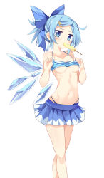 Rule 34 | 1girl, alternate hairstyle, bare arms, bare legs, bare shoulders, bikini, bikini top lift, blue bikini, blue bow, blue skirt, blush, bow, breasts, cirno, clothes lift, collarbone, detached wings, eating, eyelashes, fairy wings, female focus, food, hair bow, hair ornament, hairclip, head tilt, highres, ice, ice wings, legs together, lifted by self, looking at viewer, maturiuta sorato, miniskirt, mouth hold, navel, pleated skirt, ponytail, popsicle, revealing clothes, short ponytail, simple background, skirt, small breasts, solo, standing, stomach, strap gap, swept bangs, swimsuit, thong, touhou, underboob, whale tail (clothing), white background, wings