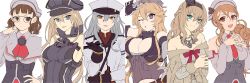 Rule 34 | 10s, 6+girls, anchor, aqua eyes, bad id, bad twitter id, bare shoulders, bismarck (kancolle), black gloves, blonde hair, blue eyes, blunt bangs, braid, breasts, brown eyes, brown hair, capelet, cleavage, collarbone, corset, crown, detached sleeves, dress, elbow gloves, fingerless gloves, flower, french braid, front-tie top, gangut (kancolle), glasses, gloves, grey hair, hair between eyes, hair ornament, hairband, hand on own hip, hat, head rest, headdress, headgear, headwear request, highres, hita (hitapita), iowa (kancolle), jacket, jewelry, kantai collection, large breasts, littorio (kancolle), long hair, long sleeves, looking at viewer, military, military hat, military uniform, mini crown, multiple girls, necklace, necktie, off-shoulder dress, off shoulder, peaked cap, pince-nez, ponytail, red flower, red ribbon, red rose, ribbon, roma (kancolle), rose, scar, shirt, short hair, simple background, sleeveless, sleeveless shirt, smile, smoking pipe, star-shaped pupils, star (symbol), symbol-shaped pupils, uniform, upper body, warspite (kancolle), wavy hair, white background, white dress, white jacket