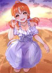 Rule 34 | 1girl, absurdres, alternate hairstyle, antenna hair, artist name, artist request, bare shoulders, beach, blush, bow, braid, breasts, cleavage, cloud, collarbone, dress, female focus, frill trim, frills, hair bow, halter dress, halterneck, highres, jewelry, looking at viewer, love live!, love live! school idol festival, love live! school idol festival all stars, love live! sunshine!!, mayocha2192, medium breasts, necklace, ocean, off-shoulder dress, off shoulder, orange hair, outdoors, parted lips, playing with own hair, red eyes, short hair, sky, sleeveless, sleeveless dress, smile, solo, star (symbol), star necklace, sunset, takami chika, twintails, white bow, white dress
