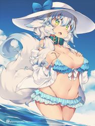 Rule 34 | 1girl, animal ears, bikini, blue bikini, blue hair, blue sky, breasts, cleavage, cloud, collar, day, fang, frilled bikini, frills, green collar, green eyes, hair between eyes, hat, highres, jacket, kuromiya, large breasts, long hair, looking at viewer, multicolored hair, navel, ocean, open clothes, open jacket, open mouth, original, outdoors, partially submerged, shiromiya asuka, sky, solo, swimsuit, tail, twitter username, two-tone hair, white hair, white hat, white jacket