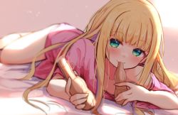 Rule 34 | 1girl, baram, bed sheet, blonde hair, blurry, blurry background, blush, bottle, breasts, closed mouth, collarbone, commentary request, depth of field, green eyes, holding, holding bottle, long hair, looking at viewer, mononobe alice, multicolored hair, nijisanji, pink shirt, purple hair, shirt, short sleeves, small breasts, smile, solo, two-tone hair, very long hair, virtual youtuber