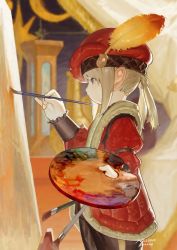 Rule 34 | 1girl, blonde hair, blue eyes, canvas (object), coat, final fantasy, final fantasy xiv, from side, hat, hat feather, holding, holding paintbrush, holding palette, indoors, lalafell, medium hair, n122425, paintbrush, painting (action), palette (object), pointy ears, profile, red coat, red hat, signature, solo, split ponytail, standing, warrior of light (ff14)