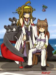 Rule 34 | 10s, 3girls, ahoge, aircraft, airplane, animal ears, bare shoulders, bloodycat, brown hair, detached sleeves, double bun, fairy (kancolle), female admiral (kancolle), hair bun, hair ornament, hairband, headgear, japanese clothes, jewelry, kantai collection, kongou (kancolle), long hair, military, military uniform, multiple girls, naval uniform, nontraditional miko, ring, sitting, skirt, thighhighs, type 0 reconnaissance seaplane, uniform, wedding band, wedding ring