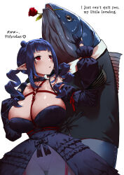 Rule 34 | 1boy, 1girl, absurdres, black bow, black collar, black dress, black gloves, black jacket, black sleeves, blue hair, bow, breasts, collar, curly hair, detached collar, detached sleeves, dizzy dokuro, double bun, dress, english text, fish boy, flower, flower in mouth, gloves, h2osakana, hair bun, haraya manawari, heart, highres, huge breasts, jacket, long hair, o-ring, partially fingerless gloves, phase connect, pointy ears, red eyes, red flower, red rose, rose, second-party source, see-through, see-through dress, shibari, tuxedo jacket, virtual youtuber