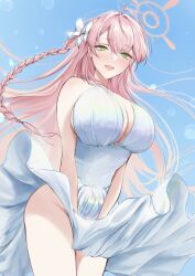 Rule 34 | 1girl, ahoge, blue archive, blue sky, blush, bow, braid, breasts, commentary, day, dress, dress tug, filha, green eyes, hair between eyes, hair bow, halo, hanako (blue archive), highres, huge breasts, long dress, long hair, marilyn monroe, open mouth, pink hair, pink halo, sky, smile, solo, thighs, white bow, white dress