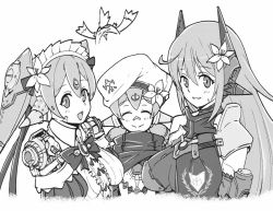 Rule 34 | 1boy, 3girls, blush, breasts, closed mouth, dress, flower, greyscale, hair ornament, hat, headpiece, large breasts, long hair, maid, maid headdress, medium breasts, mochimochi (xseynao), monochrome, multiple girls, nintendo, nopon, open mouth, poppi (xenoblade), poppi alpha (xenoblade), poppi qt (xenoblade), poppi qtpi (xenoblade), ribbon, scarf, short hair, simple background, small breasts, smile, very long hair, white background, xenoblade chronicles (series), xenoblade chronicles 2