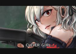 Rule 34 | 1girl, combat shotgun, dual-mode shotgun, earpiece, english text, girls&#039; frontline, grey hair, gun, jurassic park, letterboxed, looking at another, parody, pump-action shotgun, pump action, red eyes, rushsoldier, semi-automatic firearm, semi-automatic shotgun, shotgun, solo, spas-12, spas-12 (girls&#039; frontline), subtitled, surprised, weapon