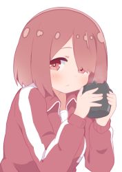 Rule 34 | 1girl, :t, blush, breasts, brown hair, closed mouth, commentary request, cup, hair over one eye, hands up, hatafuta, holding, holding cup, hoshino miyako (wataten), jacket, long sleeves, looking at viewer, red eyes, red jacket, shirt, short hair, simple background, solo, track jacket, upper body, watashi ni tenshi ga maiorita!, white background, white shirt