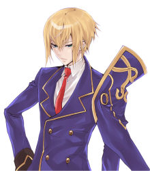 Rule 34 | 1boy, alternate costume, arc system works, bad id, bad pixiv id, blazblue, blazblue: calamity trigger, blonde hair, blue eyes, frown, kisaragi jin, male focus, necktie, serious, shirt, solo, sume, sumeshi (ambivalince), uniform