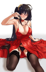 Rule 34 | 1girl, ahoge, arm up, armpits, azur lane, bare shoulders, black hair, black panties, black thighhighs, blush, breasts, champagne flute, chela77, choker, cleavage, clothing aside, cocktail dress, collarbone, crossed bangs, cup, dress, dress aside, drinking glass, foot out of frame, garter belt, hair between eyes, hair ornament, halterneck, high heels, highres, lace, lace-trimmed legwear, lace trim, large breasts, long hair, looking at viewer, official alternate costume, one side up, panties, pantyshot, parted lips, pouring, pouring onto self, red choker, red dress, red eyes, red footwear, simple background, sitting, smile, solo, taihou (azur lane), taihou (forbidden feast) (azur lane), thighhighs, underwear, very long hair