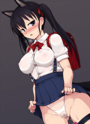 Rule 34 | 1girl, alternate costume, alternate hairstyle, animal ears, backpack, bag, blush, breasts, clitoris, clothes lift, discreet vibrator, dress, dress lift, egg vibrator, female pubic hair, kitagou fumika, large breasts, bridal garter, lifted by self, long hair, nipples, no bra, null (nyanpyoun), panties, pubic hair, pussy, randoseru, see-through, sex toy, skirt, skirt lift, solo, strike witches, sweat, tail, thigh strap, twintails, uncensored, undersized clothes, underwear, upskirt, vibrator, vibrator under clothes, vibrator under panties, white panties, world witches series