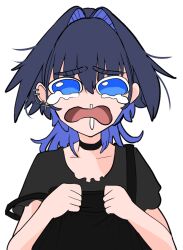 Rule 34 | 1girl, blue eyes, blue hair, choker, cross, cross earrings, crying, crying with eyes open, earrings, hair between eyes, hair intakes, hololive, hololive english, jewelry, koizumi arata, looking at viewer, medium hair, open mouth, ouro kronii, snot trail, tears, tongue, upper body, virtual youtuber