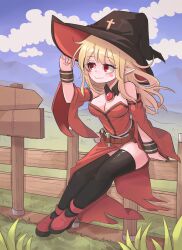 Rule 34 | 1girl, absurdres, belt, belt pouch, black hat, black thighhighs, blonde hair, bracer, breasts, character request, closed mouth, cloud, cross, detached collar, detached sleeves, dress, dungeon and fighter, fence, grass, hand on headwear, hat, highres, hill, hwaryeok, large breasts, long hair, outdoors, potion, pouch, red eyes, red footwear, sidelocks, sitting on fence, solo, strapless, strapless dress, tall grass, thighhighs, witch hat, wooden fence